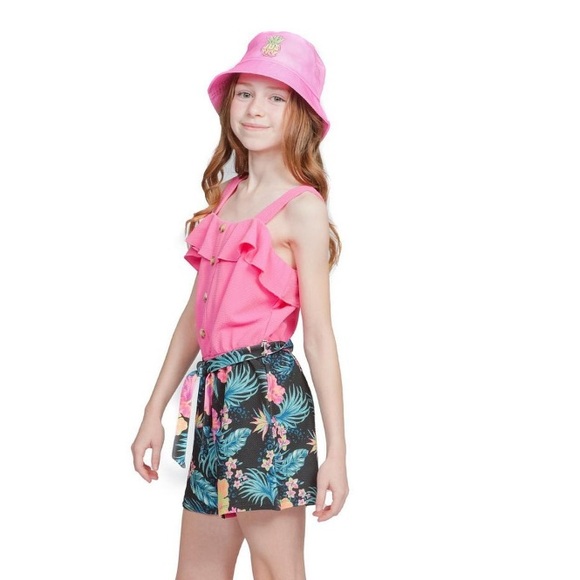 NWT Justice Girls Ruffle Hawaii Pink Orange Black Beach Romper Sz L 12/14 - Picture 4 of 9